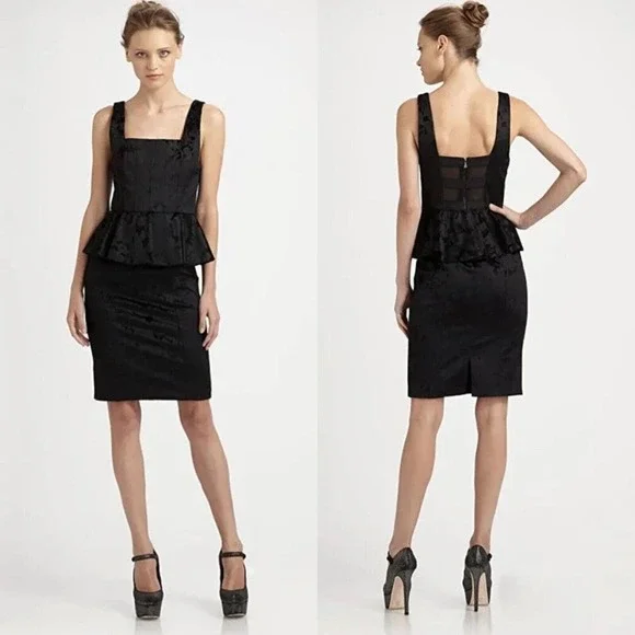 ALICE & OLIVIA Womens 0 BLACK DRESS Yodi brocade black Peplum Dress LBD - Picture 2 of 7